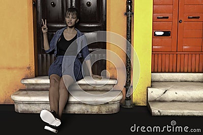 Lady sitting. Person in the image is computer generated by 3D rendering. No model release is needed as the person is Stock Photo