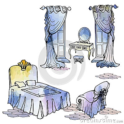 Lady spor bed curtains brik quadro Vector Illustration