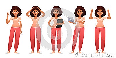 The lady is standing with a book, with a laptop in her hands, clutching her head in a panic, OK gesture, approval gesture. A Vector Illustration