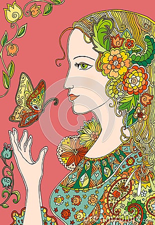 Lady Summer with flowers and butterflies. Colorful doodle Vector Illustration