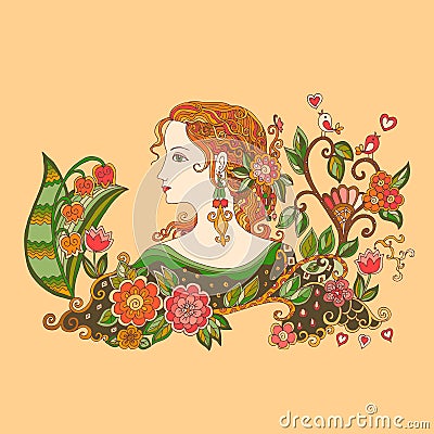 Lady Summer with flowers. Colorful doodle portrait of beautiful girl in profile. Vector Illustration