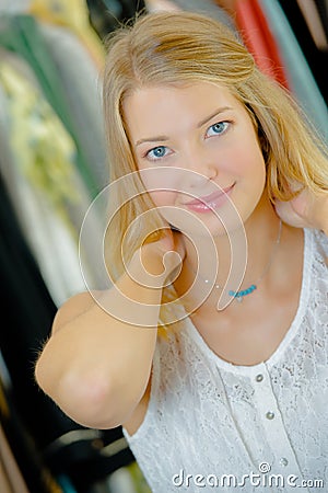 Lady trying on necklace Stock Photo