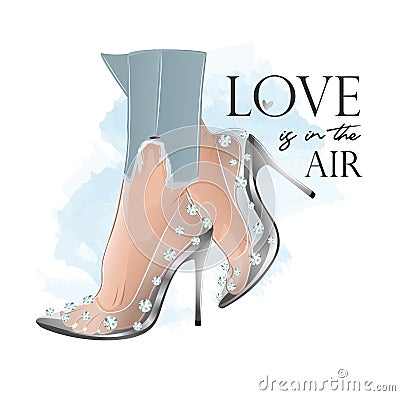 Lady wearing silver highheeled shoes with diamonds Vector Illustration