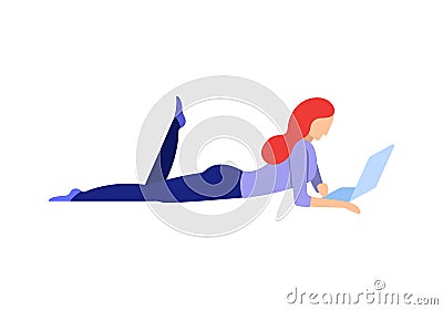 Lady working on laptop while laying on floor. Vector Illustration