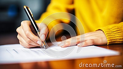 Lady yellow sweater closeup writing signing document on smooth wooden table Stock Photo