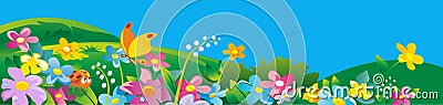 Ladybird and butterfly. Nature field with green grass, flowers at meadow and water drops dew on green leaves. Summer Vector Illustration