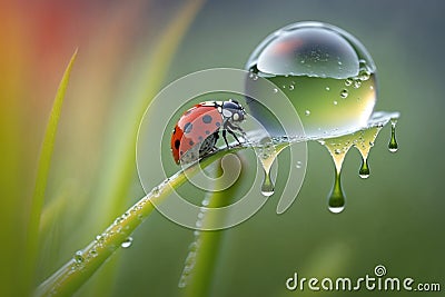 ladybird on a leaf with dew drops beautiful colorful ladybug, Spring summer fresh artistic image of beautiful nature. Cartoon Illustration