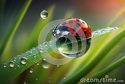 ladybird on a leaf with dew drops beautiful colorful ladybug, Spring summer fresh artistic image of beautiful nature. Cartoon Illustration