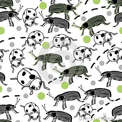 Ladybug and Bugs-Garden Life seamless repeat pattern Vector Illustration