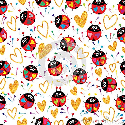 Ladybug colorful gold glitter spread colorful white seamless pattern Vector Illustration