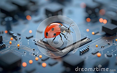 Ladybug on Computer Microchip CloseUp View of Circuit Board Stock Photo