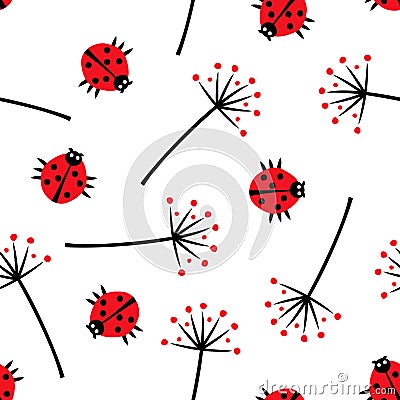 Ladybug with dandelion seamless pattern. Cute nature background. Vector Illustration