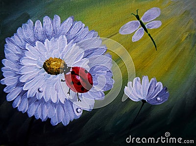 Ladybug and a dragonfly painted on a green and yellow background near white flowers Stock Photo