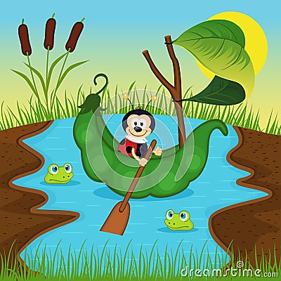 Ladybug floats on peas on river Vector Illustration