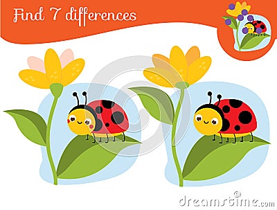 Ladybug on flower. Find the differences educational children game. Kids activity fun page Vector Illustration