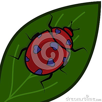 Ladybug with hearts instead of spots on a green leaf for Valentine s Day Vector Illustration