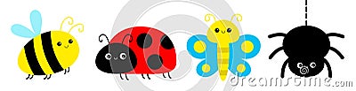 Ladybug ladybird, spider, bee bumblebee, butterfly, lady bug. Insect set line. Cute cartoon funny kawaii baby animal character. Vector Illustration