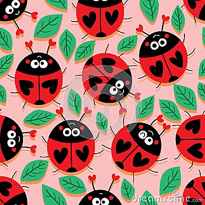 Ladybug love cute seamless pattern Vector Illustration