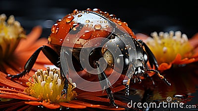 Hyper-realistic Ladybug Illustration On Orange Flowers Stock Photo