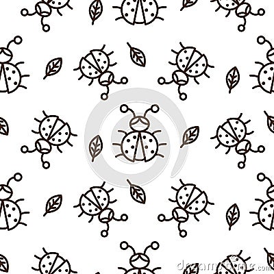 Ladybug and outline leaves on white seamless vector pattern. Vector Illustration