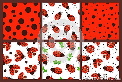 Ladybug patterns. Red dots texture, garden bugs and seamless ladybugs illustration vector set Vector Illustration