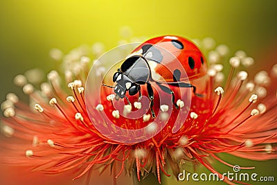 ladybug on red flower macro closeup beautiful nature background, Ladybug on dandelion flower closeup. Nature background, AI Stock Photo