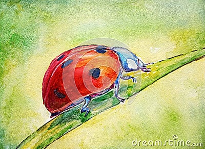 Ladybug red on a single leaf in a watercolor style, textural base with green background Stock Photo