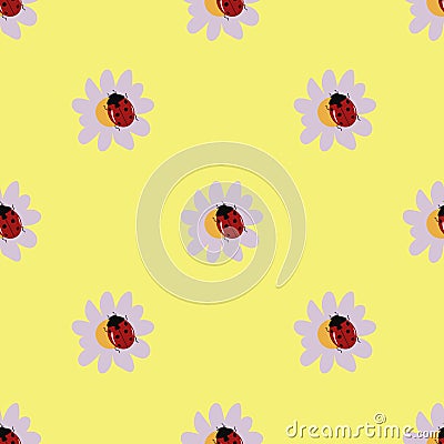 Ladybug seamless pattern on camomile flower. Vector illustration. Vector Illustration