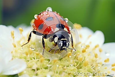 Ladybug sitting on a flower with dew drops Stock Photo