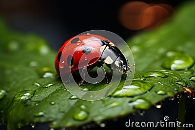 ladybug sitting on a leaf with dew drops Stock Photo
