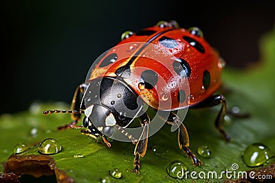 a ladybug sitting on a leaf with water droplets on it Stock Photo