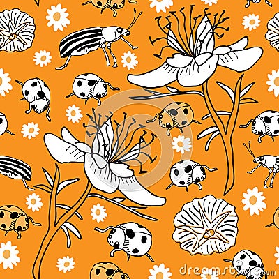 Flowers and Bugs-Garden Tea Party seamless repeat pattern Vector Illustration