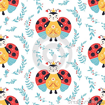 Ladybugs Seamless pattern Ladybird and flowers background Vector Illustration