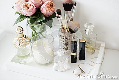 Ladys dressing table decoration with flowers, beautiful details, Stock Photo
