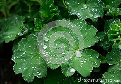 Water drops on a Lady's Mantle leaf (Alchemilla) after rain, lotus effect, concept of purity Stock Photo