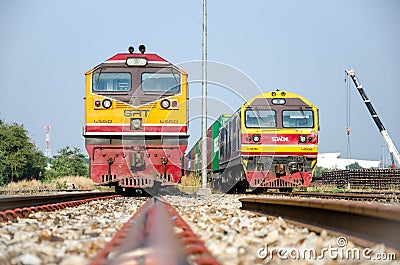 Laem Chabang,Thailand:Two locomotives freight park Editorial Stock Photo