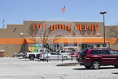 Home Depot Location flying the American flag. Home Depot is the Largest Home Improvement Retailer in the US. Editorial Stock Photo