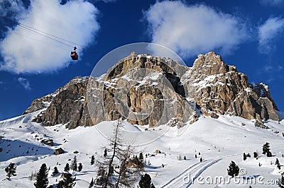 Lagazuoi mountain as seen from Passo Falzarego in winter, Dolomites, Cortina d`Ampezzo, Belluno, Veneto, Italy. Stock Photo