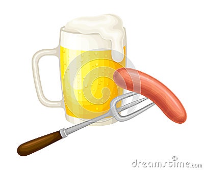 Lager Beer Glass Mug with Foam and Fork with Sausage Vector Illustration Vector Illustration