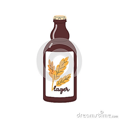 Lager, fresh craft beer in glass bottle. Refreshing low-alcohol cold cooling drink. Brown cereal alcoholic beverage Vector Illustration