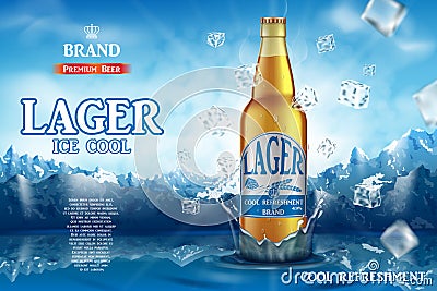 Lager light beer ads. Realistic premium beer in glass bottle on ice cubes and snow mountain background. 3d Vector Vector Illustration