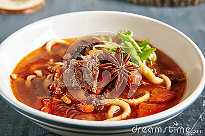 Lagman or Laghman of Beef and Pulled Homemade Noodles Stock Photo