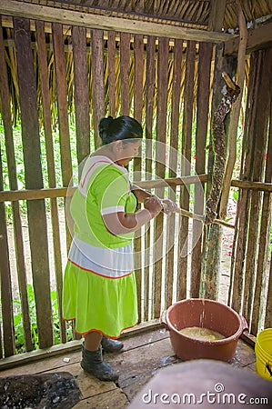 LAGO AGRIO, ECUADOR - NOVEMBER, 17 2016: Woman demonstrates cooking yucca tortillas in an indoors in a Siona village in Editorial Stock Photo