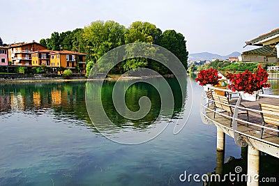 Oglio river with Sarnico and Paratico cities Stock Photo