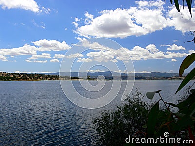 Summer landscape with big lake and mountains in Sardinia Stock Photo