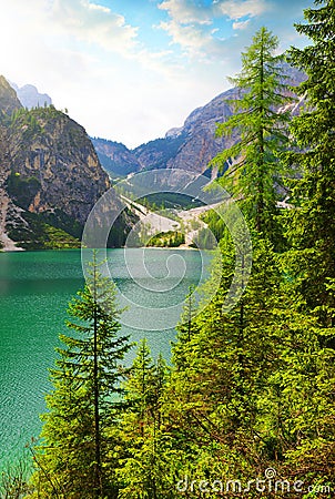 Lago di Braies Pragser Wildsee in Sudtirol, Italy Stock Photo