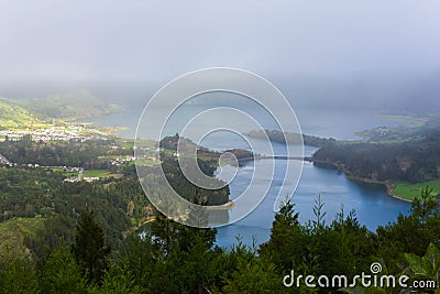 Lagoa Verde and Lagoa Azul on island Sao Miguel Stock Photo