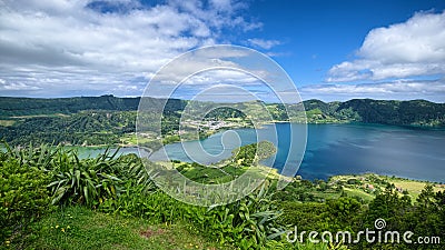 Lagoa Verde and Lagoa Azul lakes, Sao Miguel island, Azores, Portugal Stock Photo