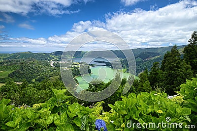 Lagoa Verde and Lagoa Azul lakes, Sao Miguel island, Azores, Portugal Stock Photo