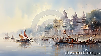 Lagoon Of India Watercolor Illustration - Varanasi Painting Hd Wallpaper Stock Photo